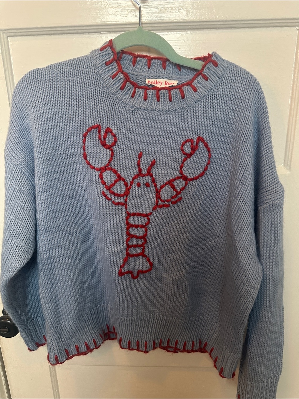 Bailey Rose Light Blue Lobster Accent Sweater with Red Trim